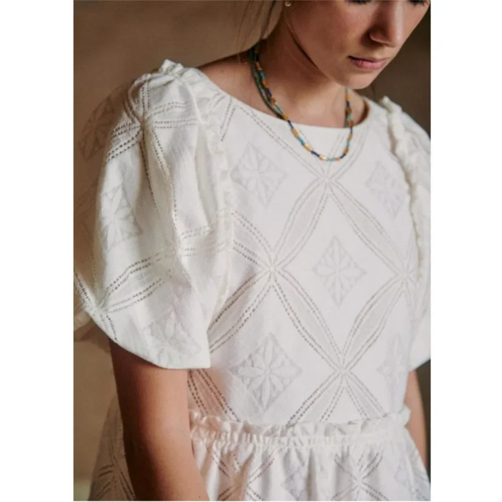 Sézane Livy Dress Parisian Ecru Off White Mix Woven Lace Short Puff Sleeve Mini - Picture 3 of 15